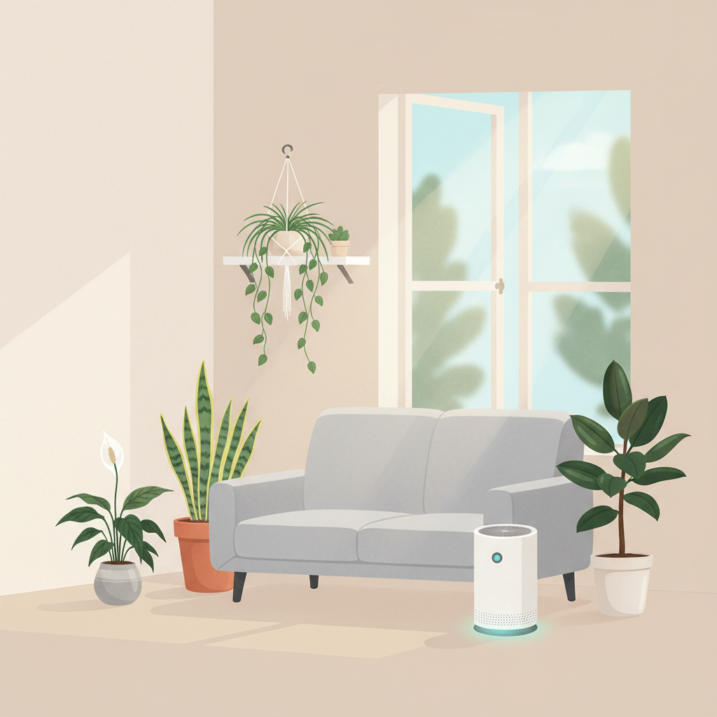 Illustration of a modern living room with open windows, an air purifier, and five popular houseplants arranged around the seating area.