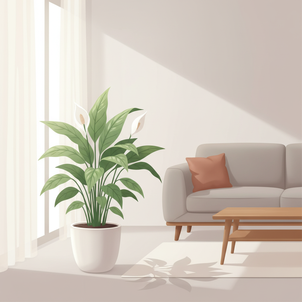 Illustration of a peace lily with a white bloom in a ceramic planter beside a bright window and compact air purifier.