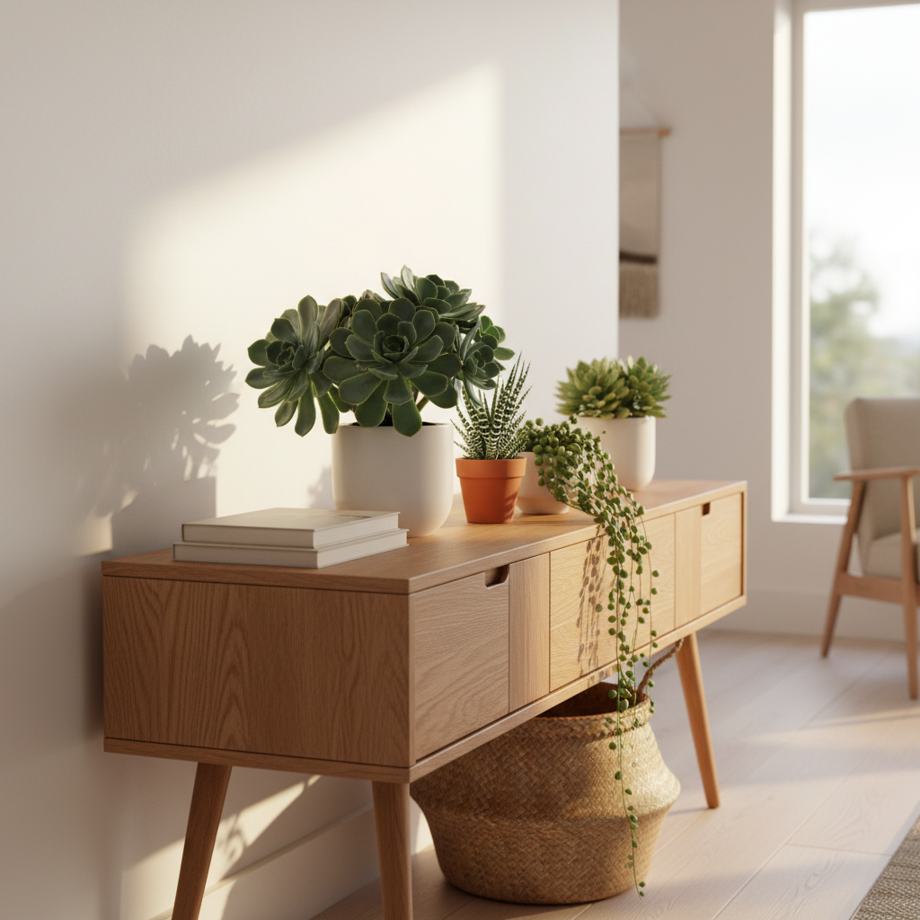 Sunlit living room console filled with thriving indoor succulents