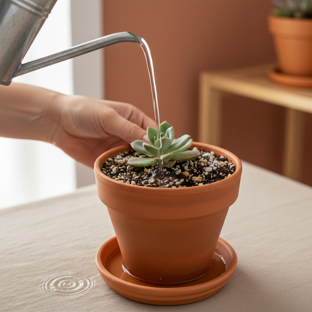 Hands demonstrating the soak-and-dry method for indoor succulents