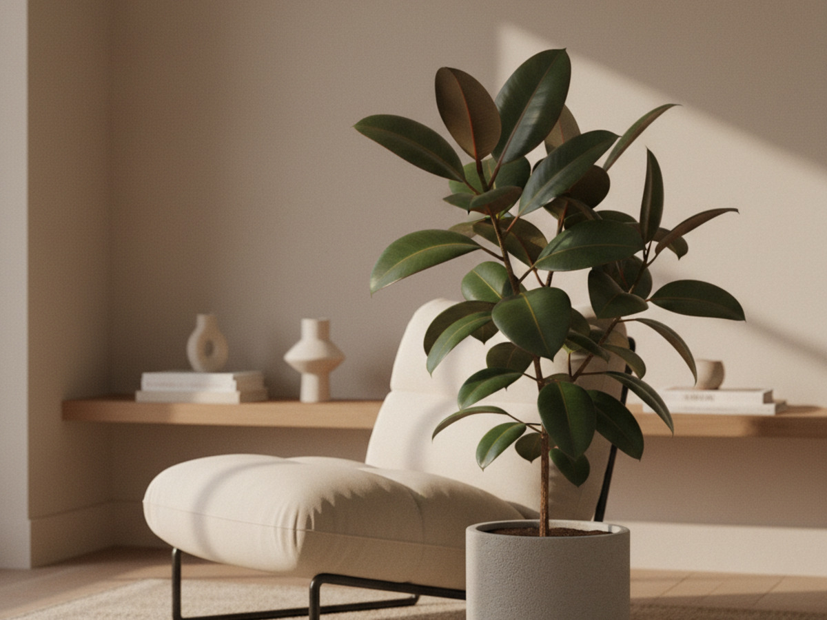 Ficus elastica with broad, glossy leaves beside a lounge chair in warm golden-hour light