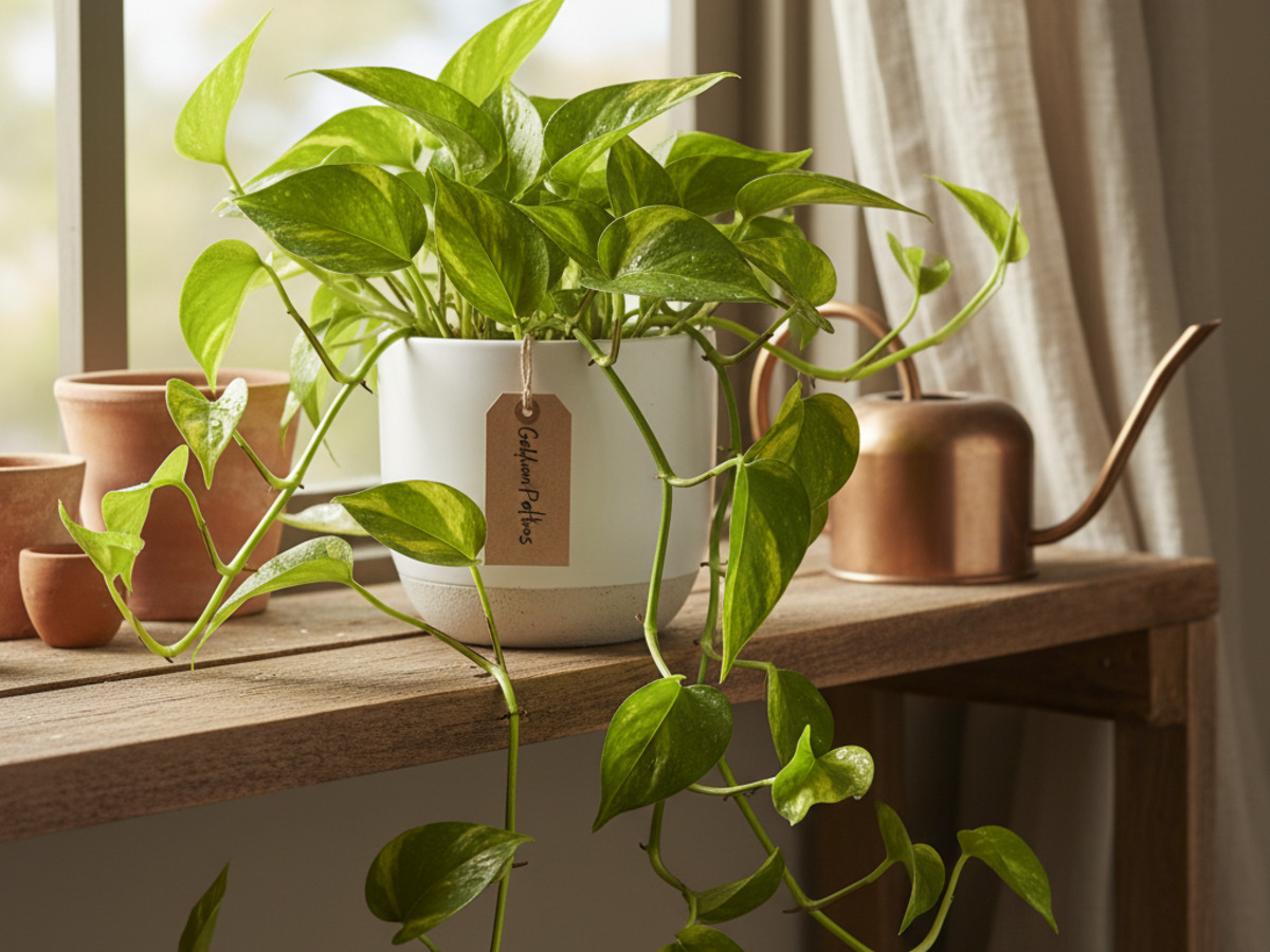 Trailing golden pothos spilling from a white planter on a sunlit window shelf