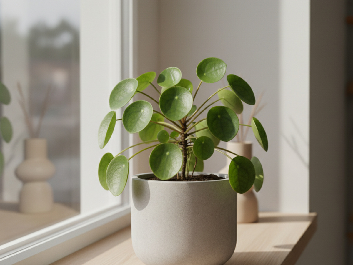 Compact Pilea peperomioides with coin-shaped leaves on a Scandinavian-style windowsill