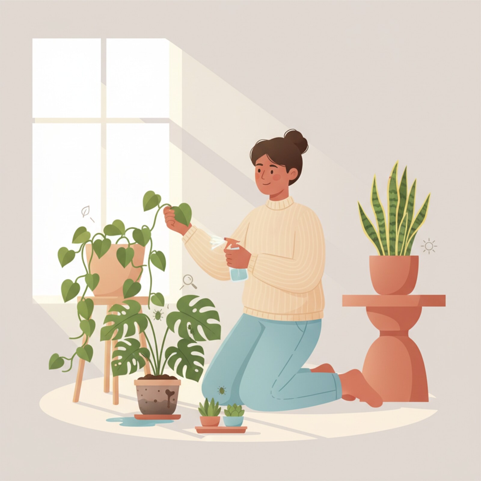 Illustration of a person inspecting houseplants with visible care mistakes to fix