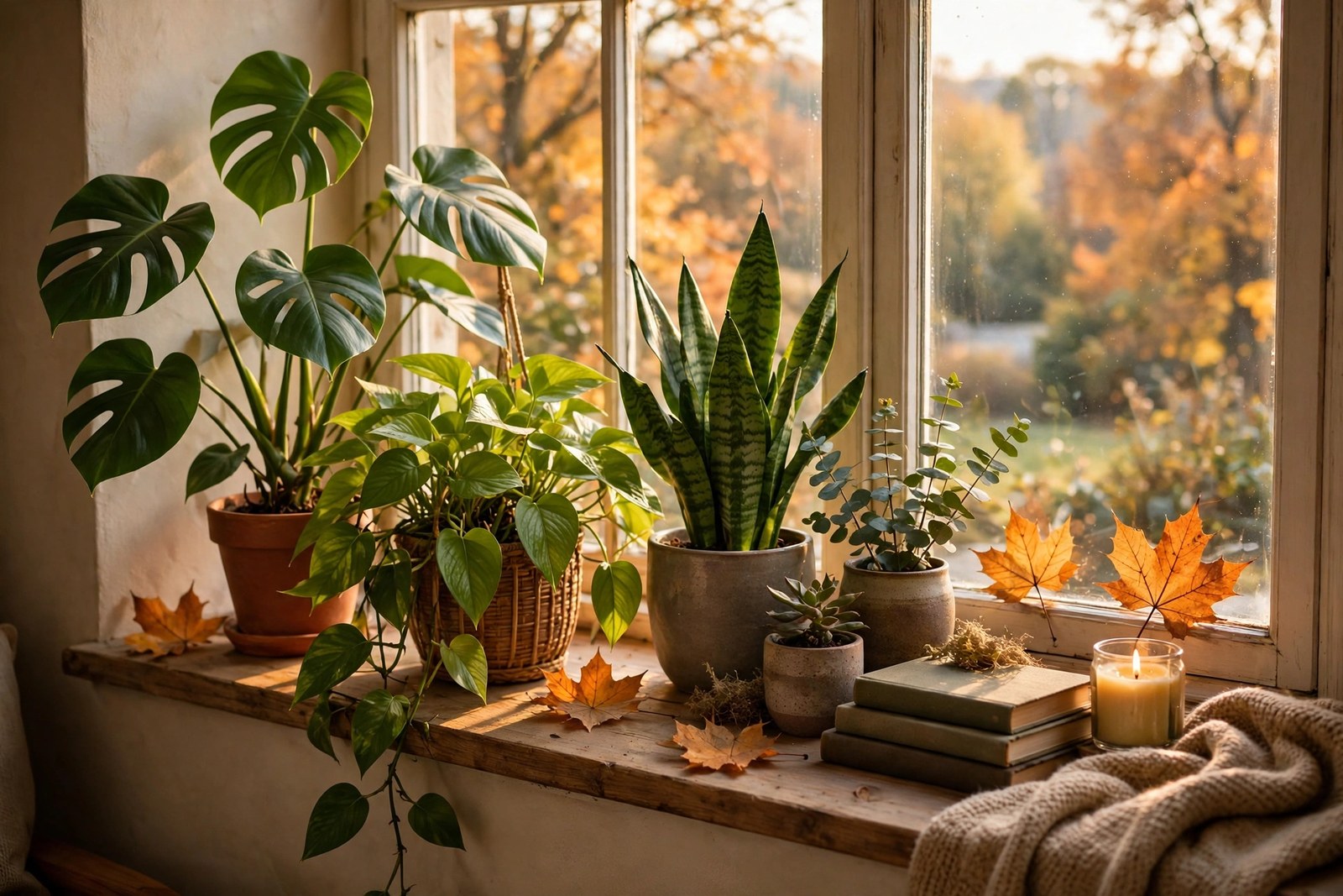 Houseplants grouped near a bright window in warm autumn light