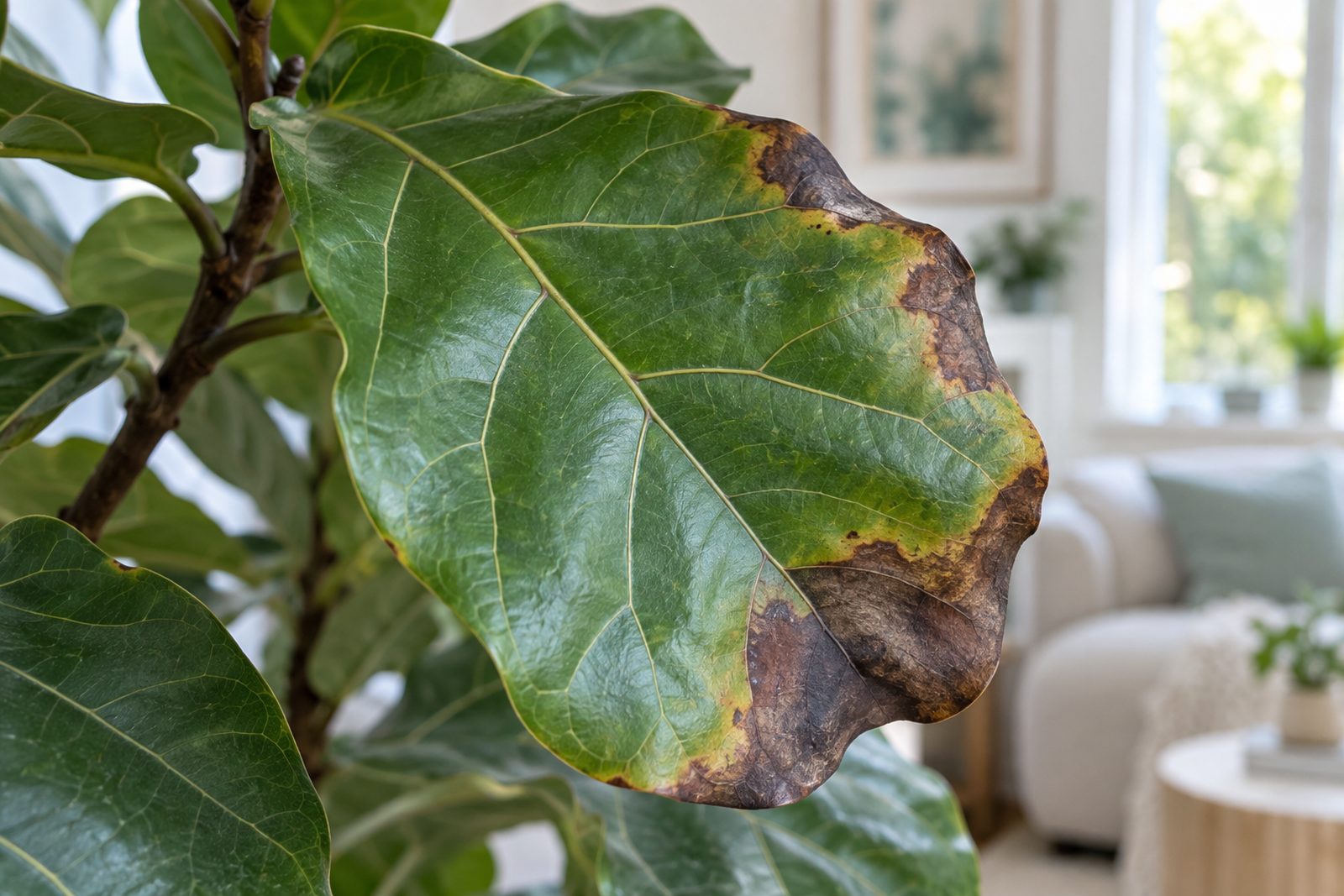 Bruine vlekken op vioolbladplant