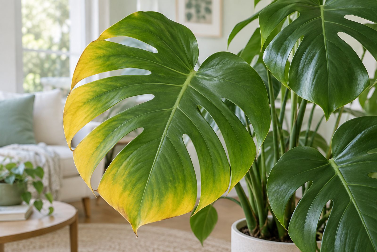 Monstera leaf turning yellow next to healthy green leaves