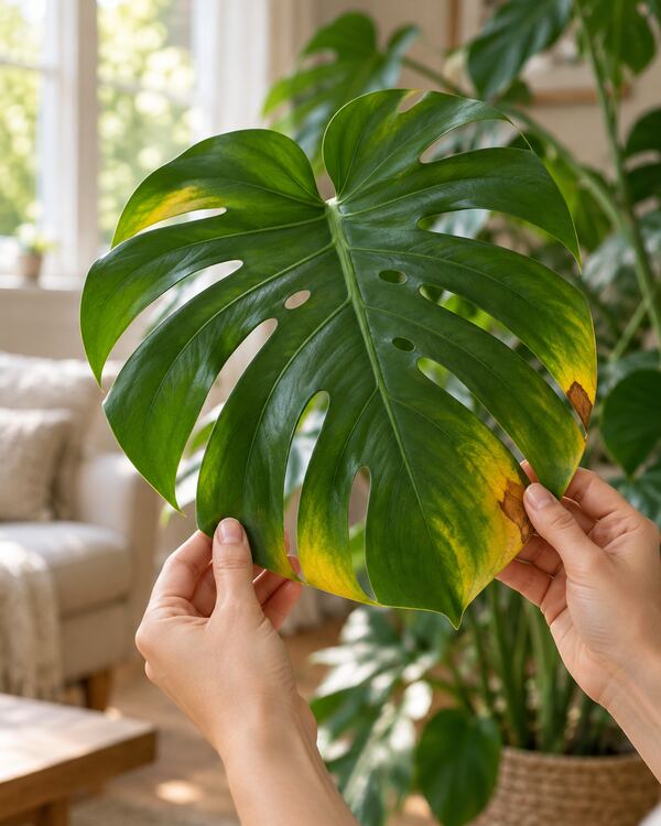 Hands holding a monstera leaf with yellowing edges and brown spots