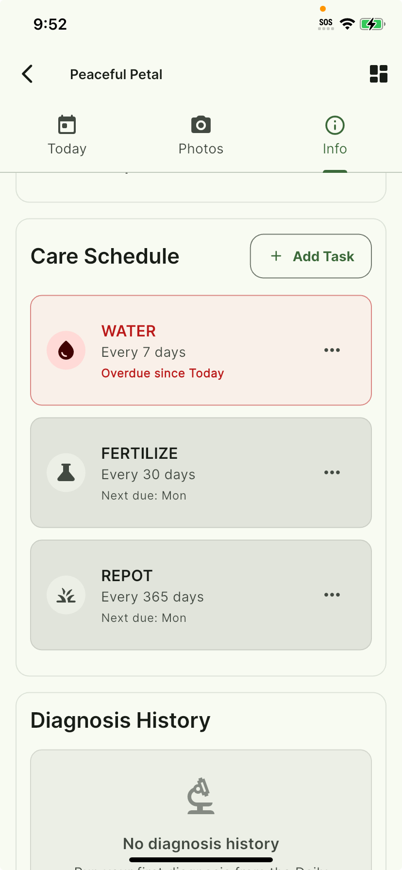 AI Plant Doctor care schedule showing today's reminders, upcoming tasks, and notification management