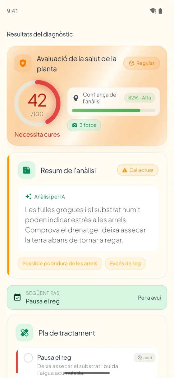 AI Plant Doctor diagnosis result: plant health score, likely causes and the next care step