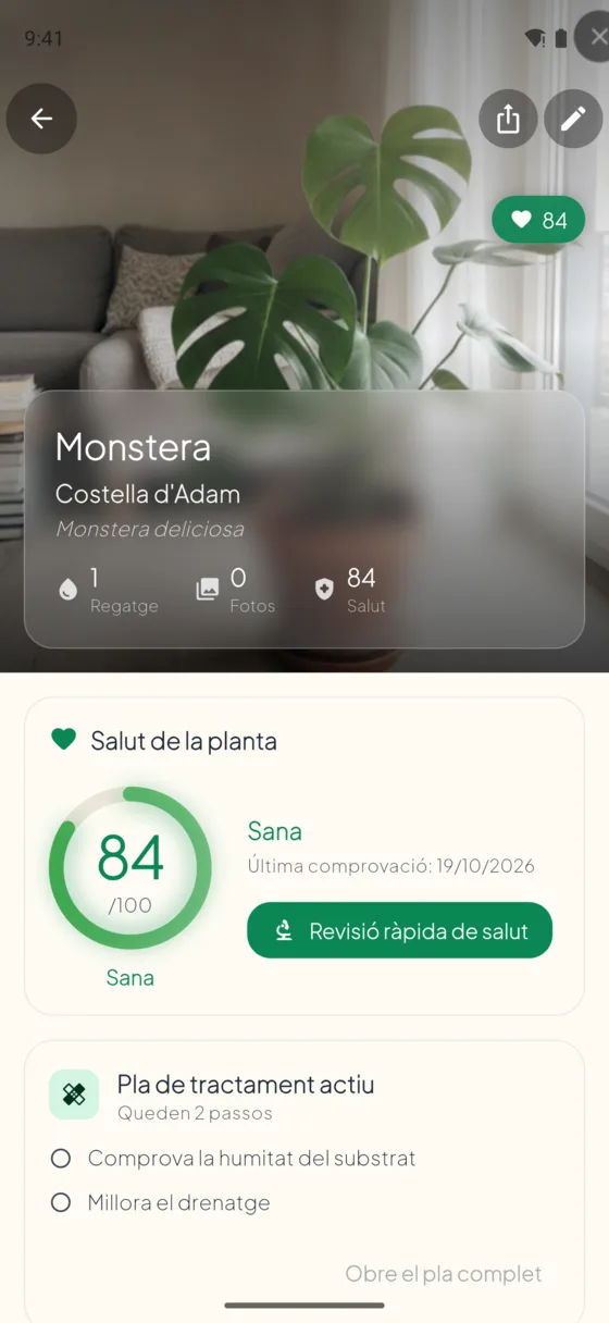 Plant profile with health score, care stats and the active treatment plan