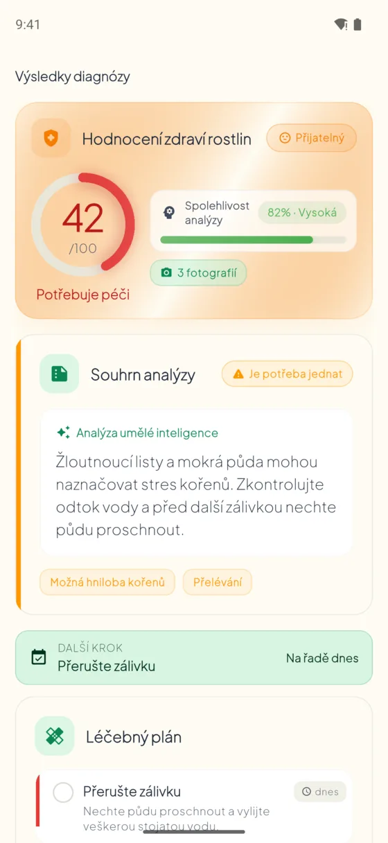 AI Plant Doctor diagnosis result: plant health score, likely causes and the next care step