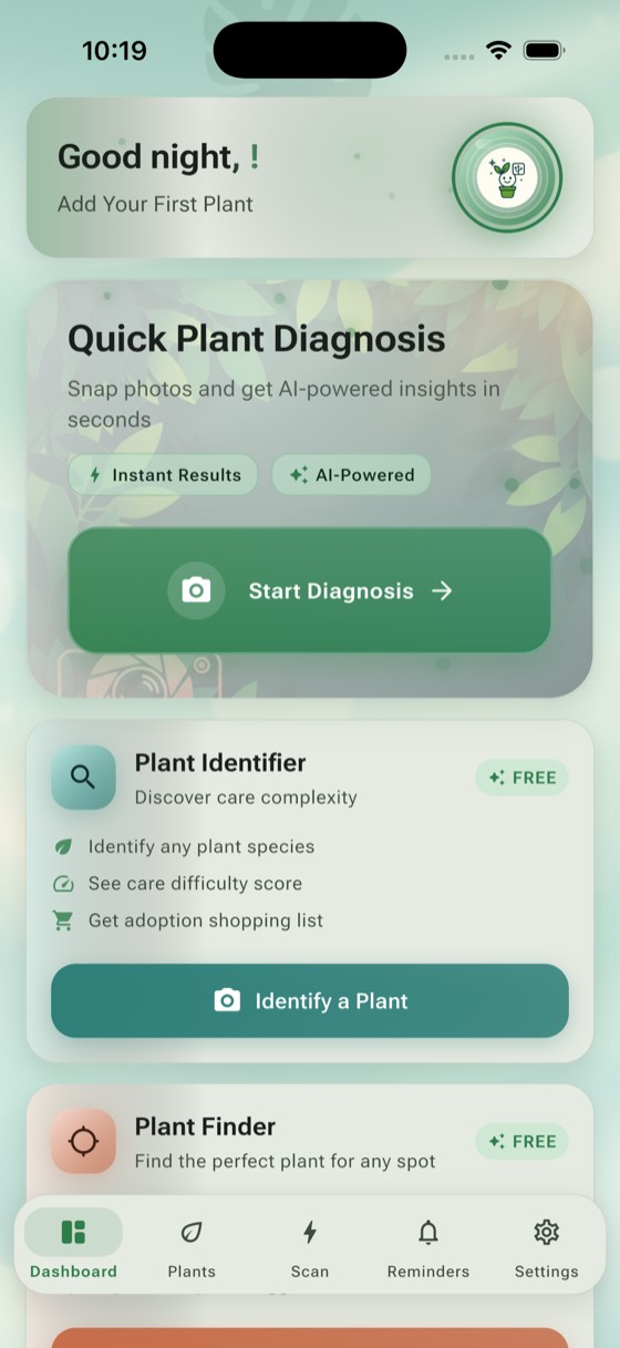 AI Plant Doctor app dashboard showing plant health monitoring