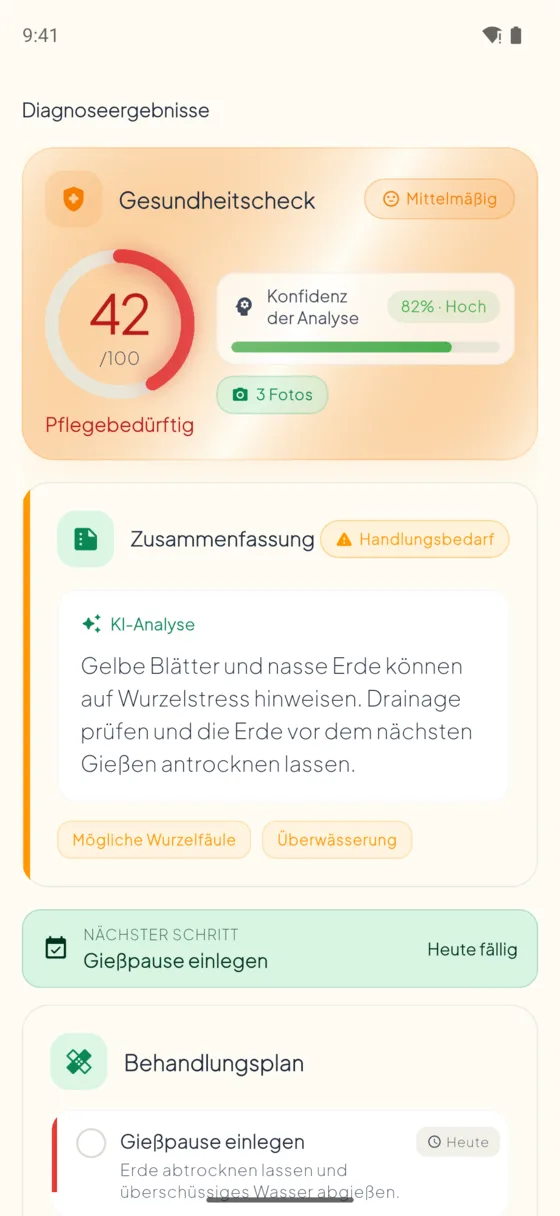 AI Plant Doctor diagnosis result: plant health score, likely causes and the next care step