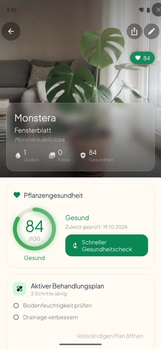 Plant profile with health score, care stats and the active treatment plan