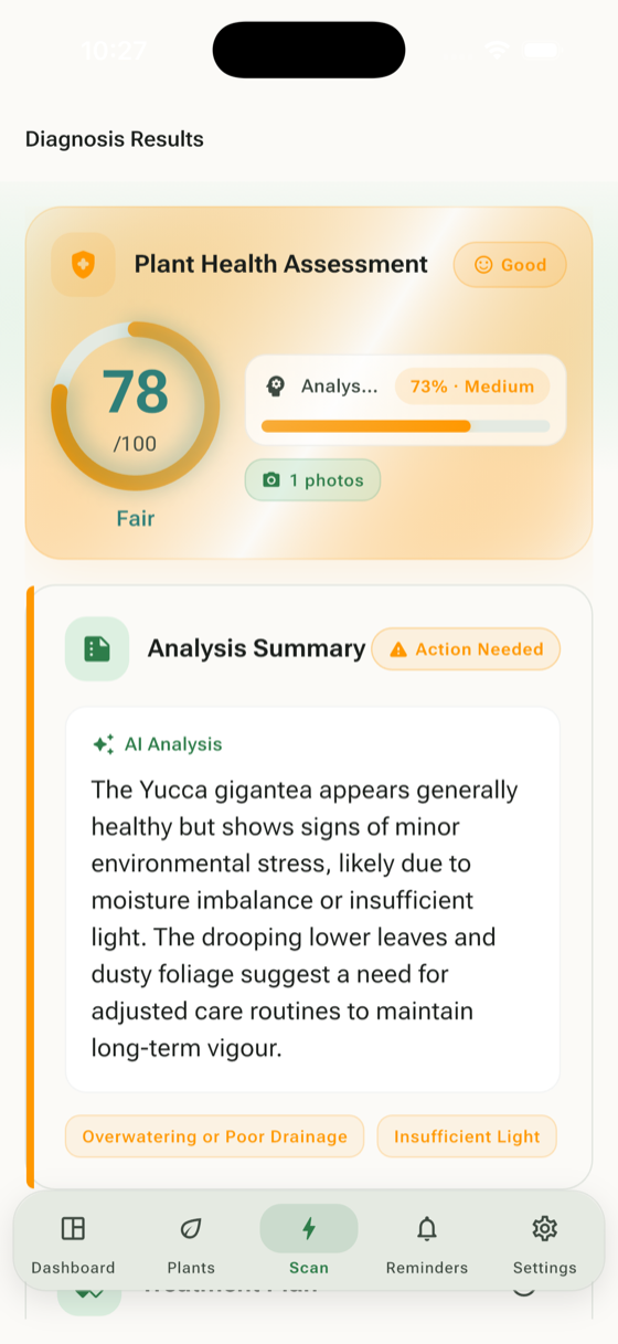 AI diagnosis result with health score and disease info