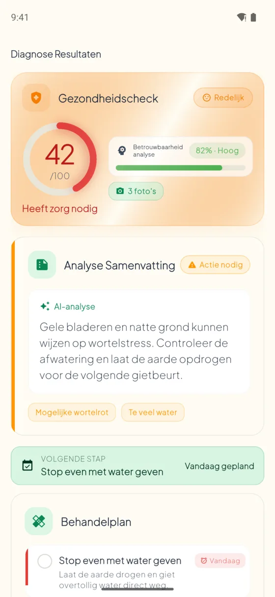 AI Plant Doctor diagnosis result: plant health score, likely causes and the next care step