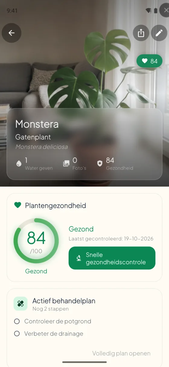 Plant profile with health score, care stats and the active treatment plan
