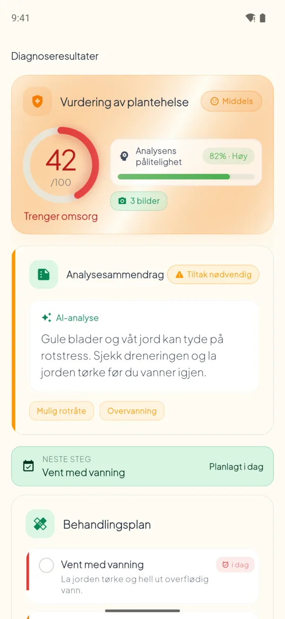AI Plant Doctor diagnosis result: plant health score, likely causes and the next care step
