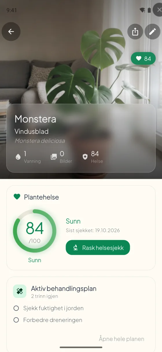 Plant profile with health score, care stats and the active treatment plan