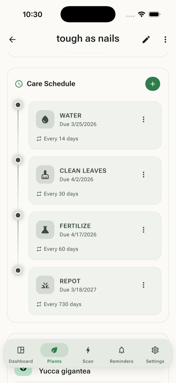 Plant journal with photo timeline and care history