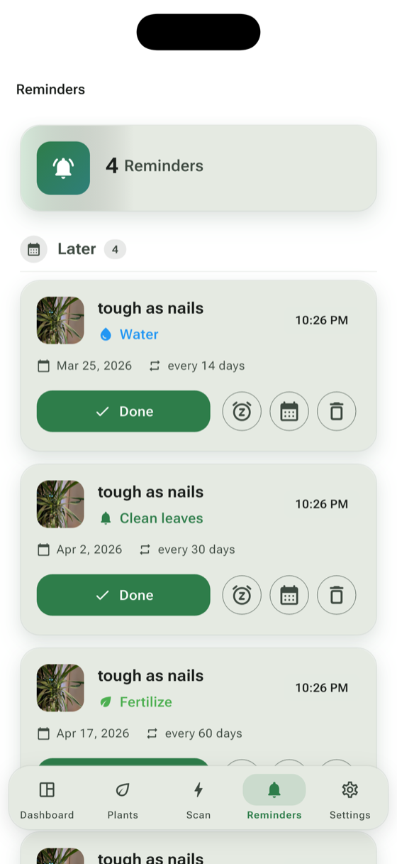 Smart care reminders for watering and fertilizing