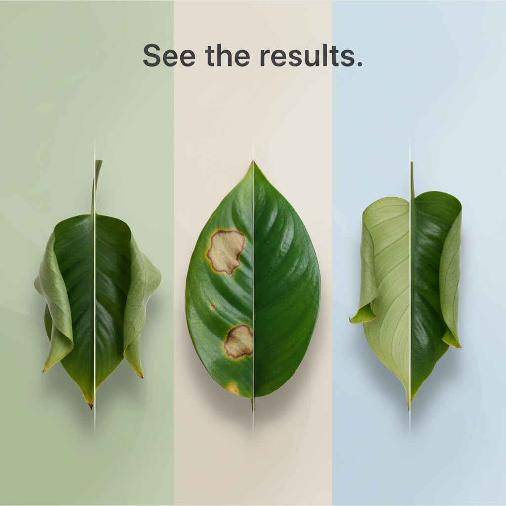 Collage of three plant recovery comparisons showing stressed leaves on the left and healthy green leaves on the right.